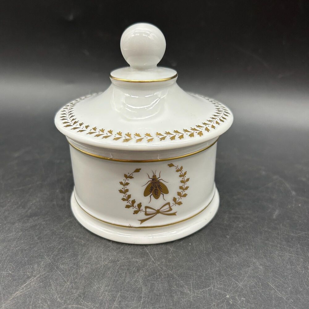 Porcelain gold Bee trimmed apothecary jar, unmarked, golden bee lidded container